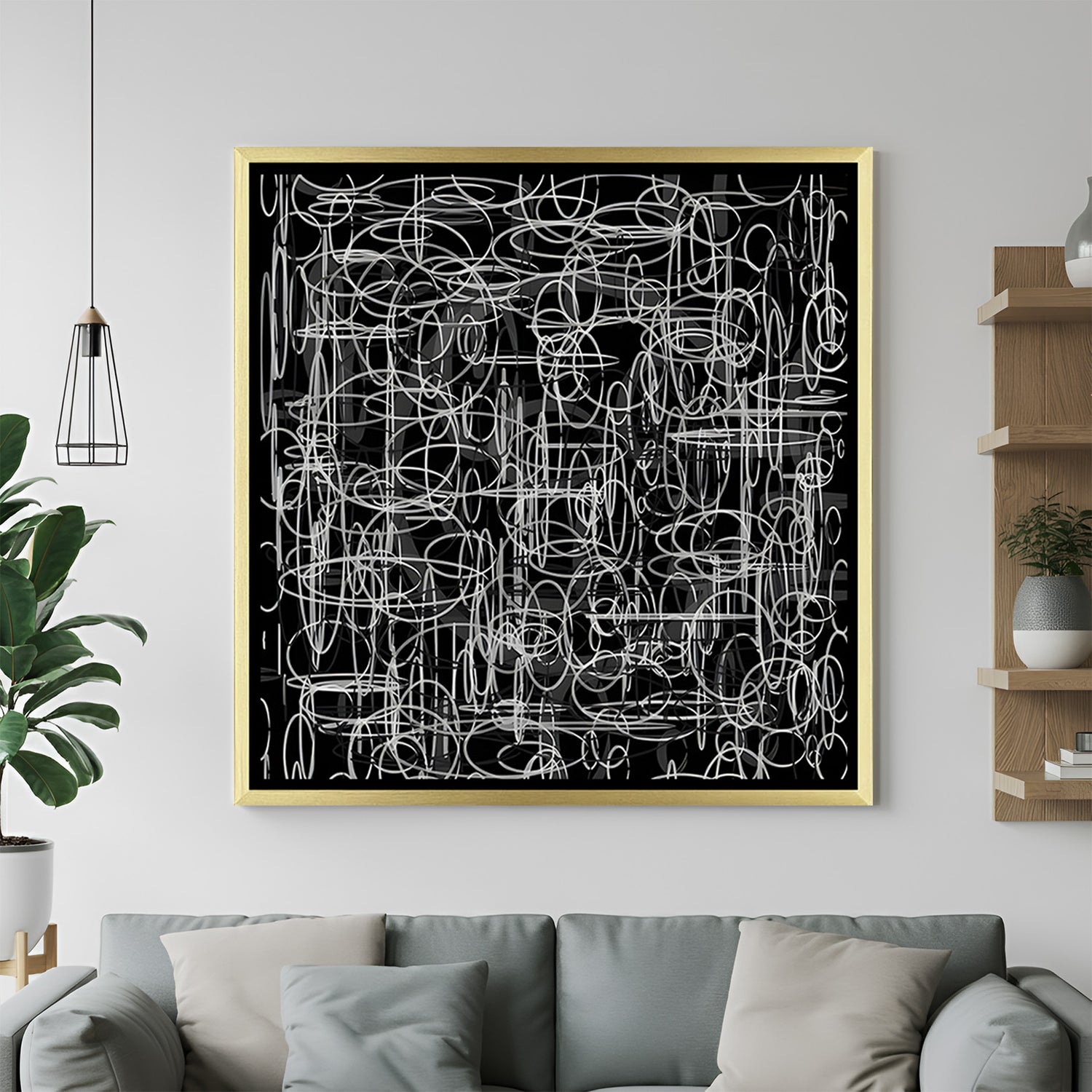 Abstract black and white scribble canvas art with golden frame