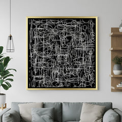 Abstract black and white scribble canvas art with golden frame