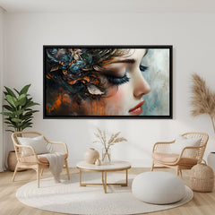 Surreal woman side profile wall decor in matte black floater frame with layered abstract foliage textures.