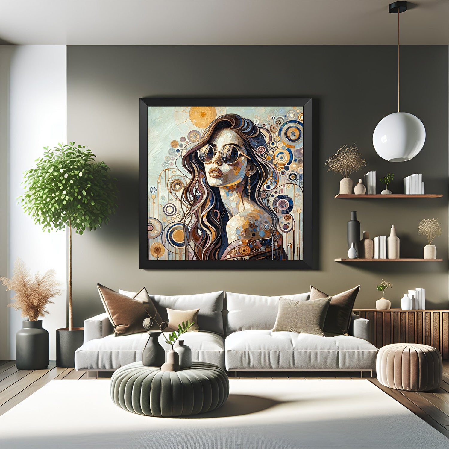 Black-framed modern art canvas of woman with sunglasses and spiral setting—fashionable and edgy wall decor for bedrooms and modern living spaces