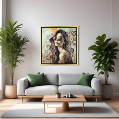 Golden-framed canvas featuring modern woman in sunglasses with swirling spiral background—perfect for contemporary decor with a bold, chic vibe
