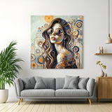 Canvas wall art of a modern woman wearing sunglasses with a spiral backdrop—bold fashion-forward portrait for stylish and expressive interior decor