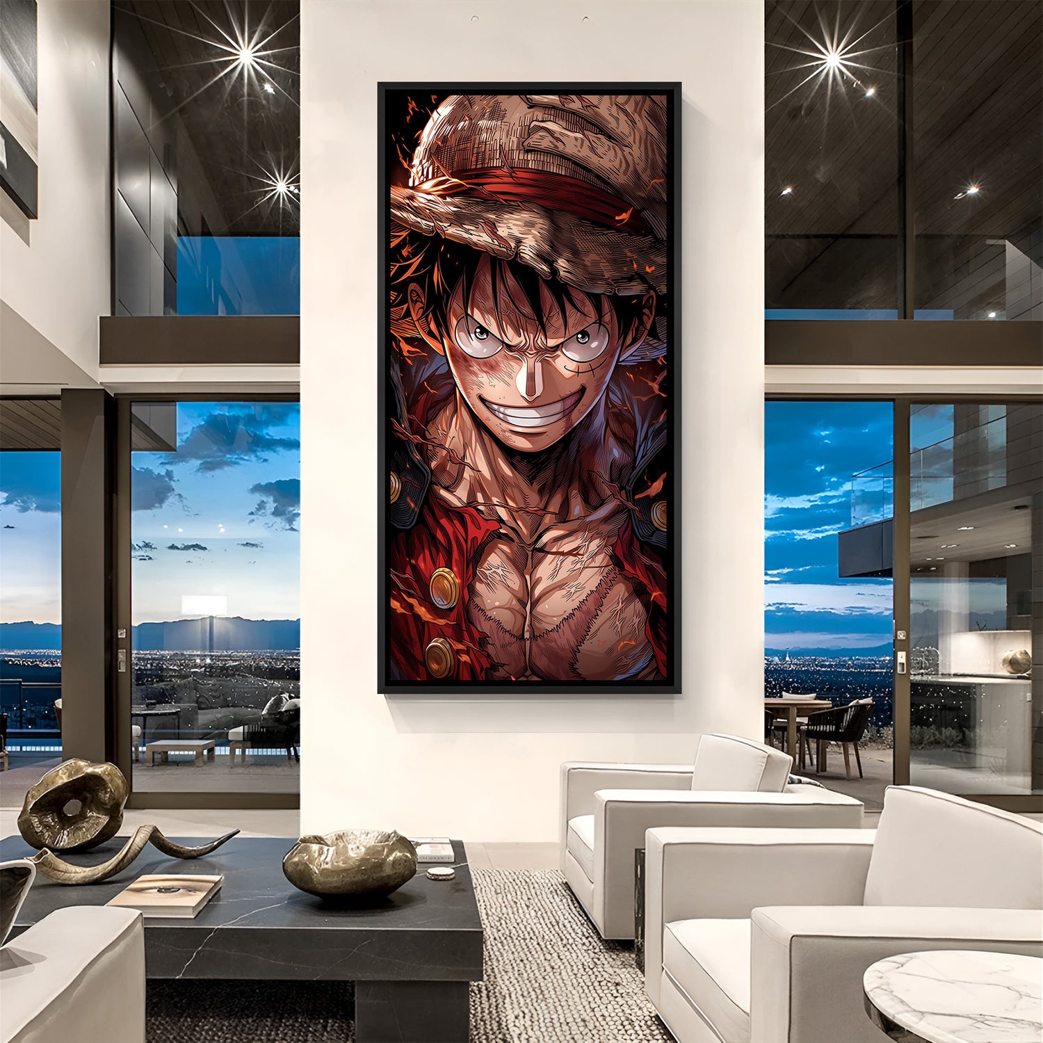 Monkey D. Luffy Battle Worn Straw Hat anime canvas artwork in premium black floater frame