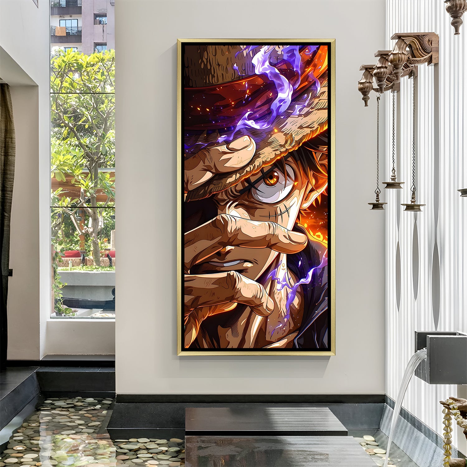 Monkey D. Luffy One Piece wall art in luxury golden floater frame with blue smoke anime design