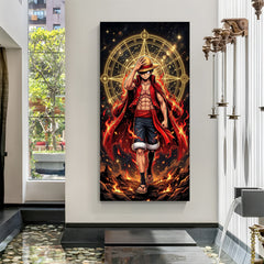 Monkey D. Luffy Celestial Aura canvas painting with fiery anime artwork in canvas wrapped frame
