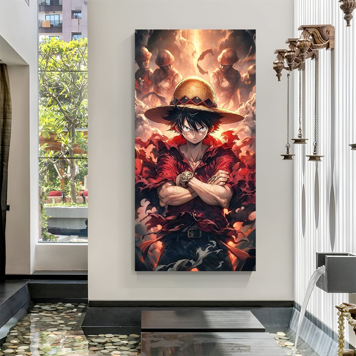 Monkey D. Luffy Fiery Crew canvas painting with anime pirate artwork in canvas wrapped frame