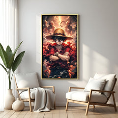 Monkey D. Luffy One Piece wall art in luxury golden floater frame with fiery anime design