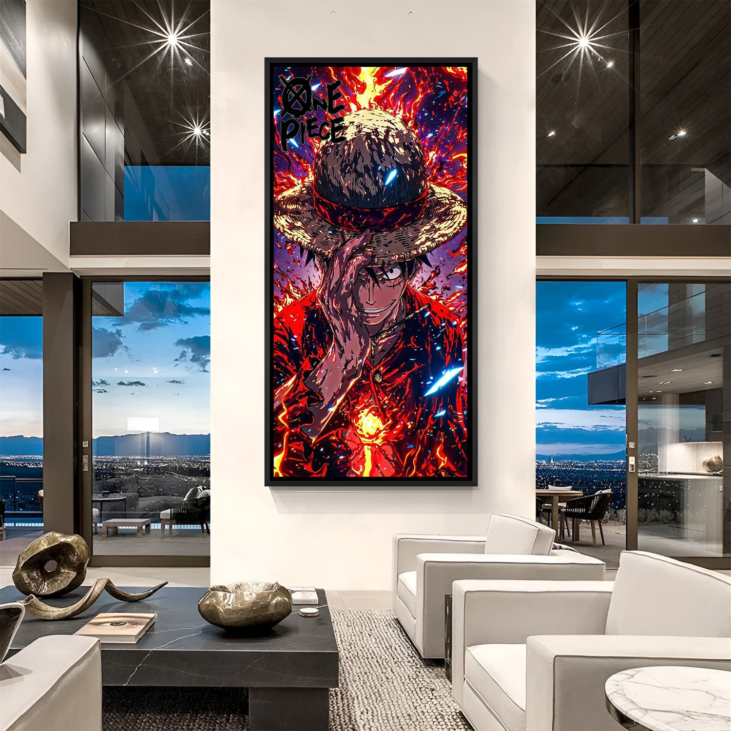 Monkey D. Luffy Fire Aura Close-Up anime canvas artwork in premium black floater frame