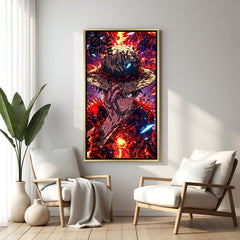 Monkey D. Luffy One Piece wall art in luxury golden floater frame with fire aura anime design
