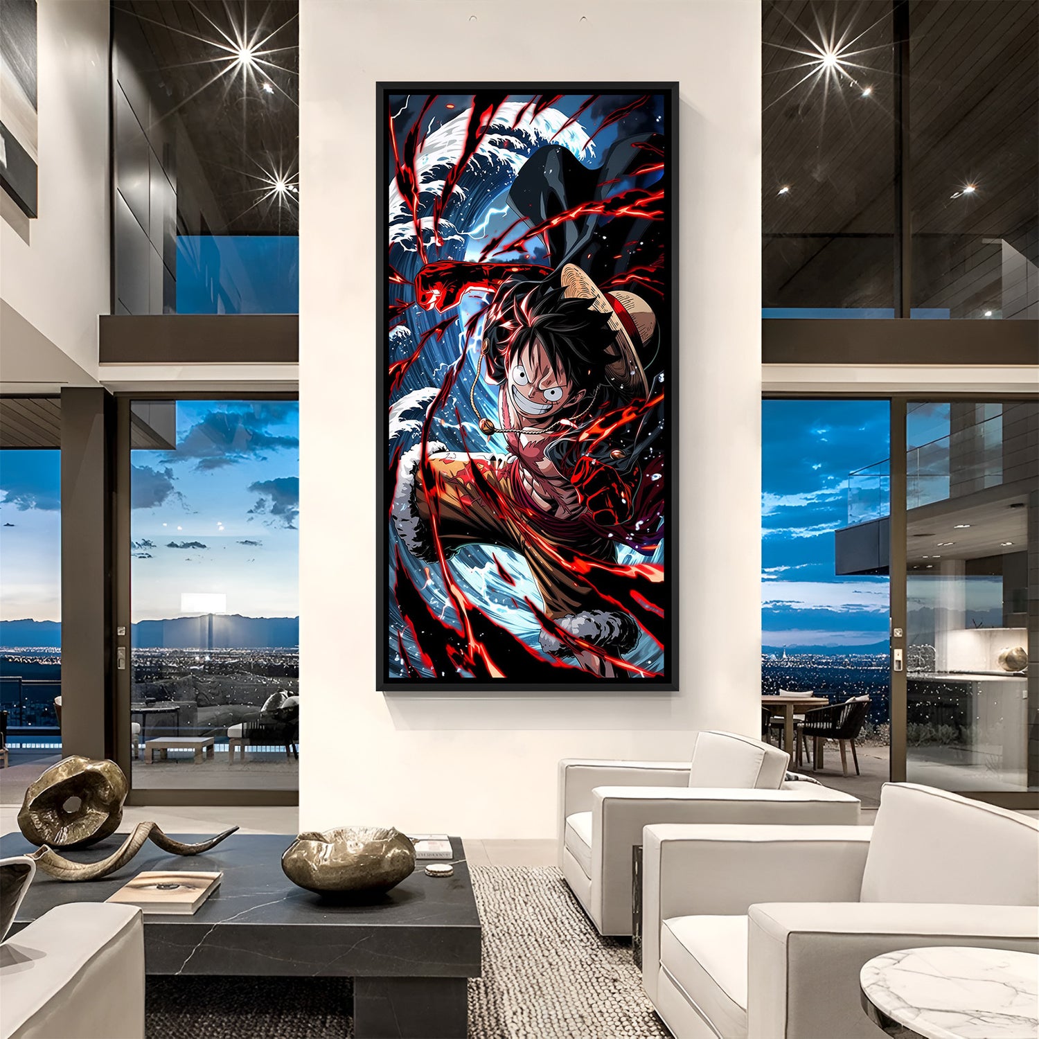 Monkey D. Luffy Fire Water Battle anime canvas artwork in premium black floater frame