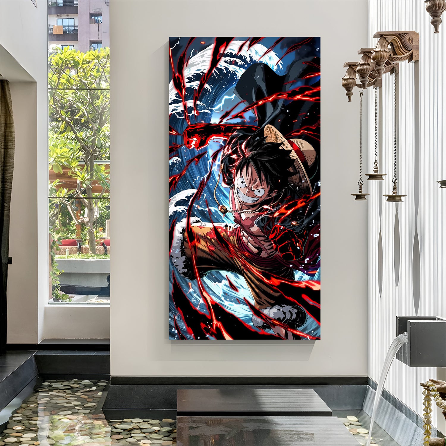 Monkey D. Luffy Fire Water Battle canvas painting with anime action artwork in canvas wrapped frame