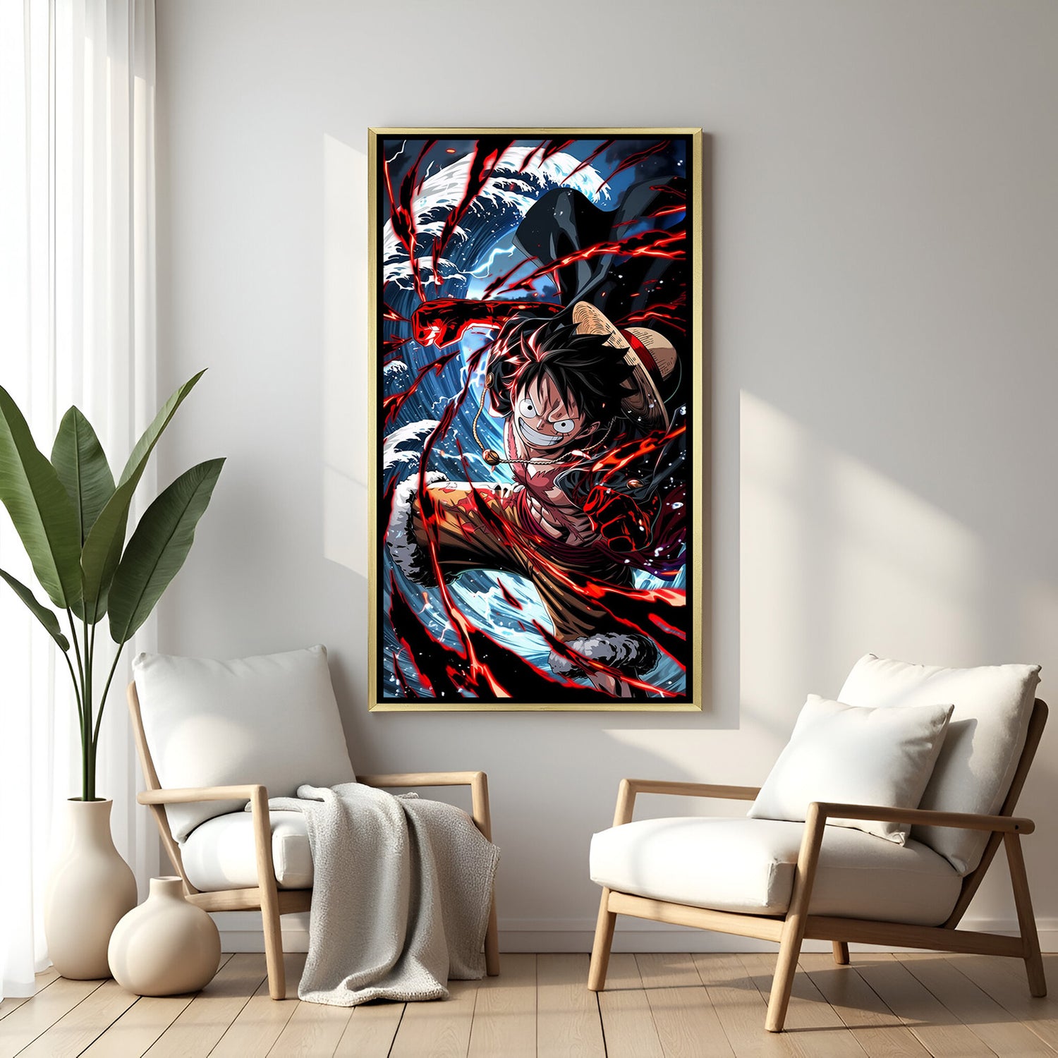 Monkey D. Luffy One Piece wall art in luxury golden floater frame with fire and water anime design