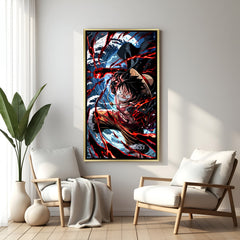 Monkey D. Luffy One Piece wall art in luxury golden floater frame with fire and water anime design
