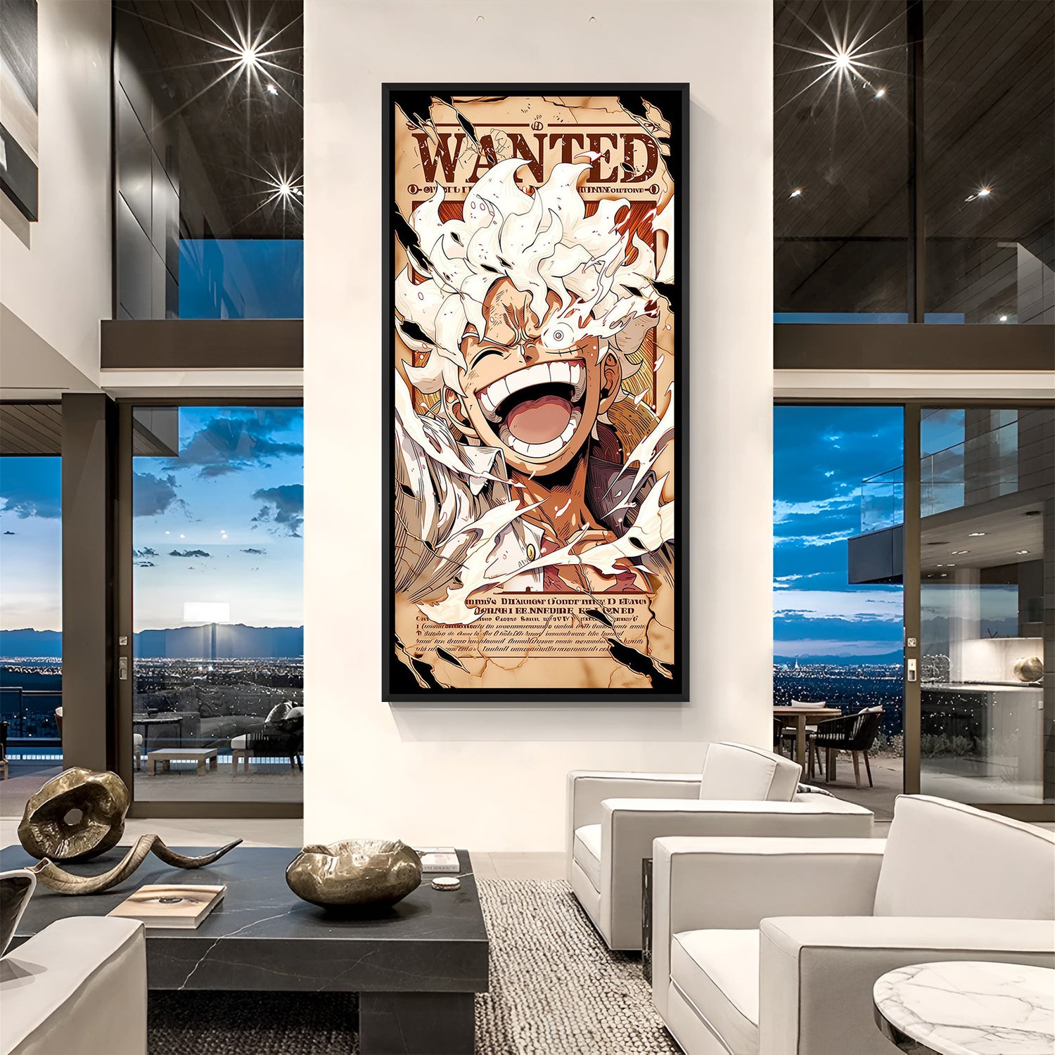 Monkey D. Luffy Gear 5 Wanted Poster anime canvas artwork in premium black floater frame
