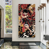 Monkey D. Luffy Japanese Art canvas painting with red floral anime artwork in canvas wrapped frame