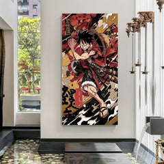 Monkey D. Luffy Japanese Art canvas painting with red floral anime artwork in canvas wrapped frame