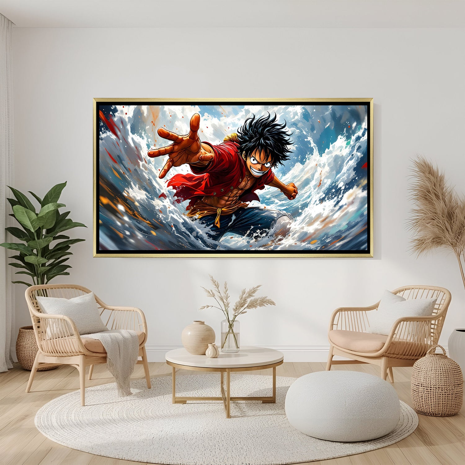 Monkey D. Luffy One Piece wall art in luxury golden floater frame with ocean anime design