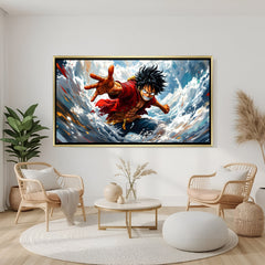 Monkey D. Luffy One Piece wall art in luxury golden floater frame with ocean anime design
