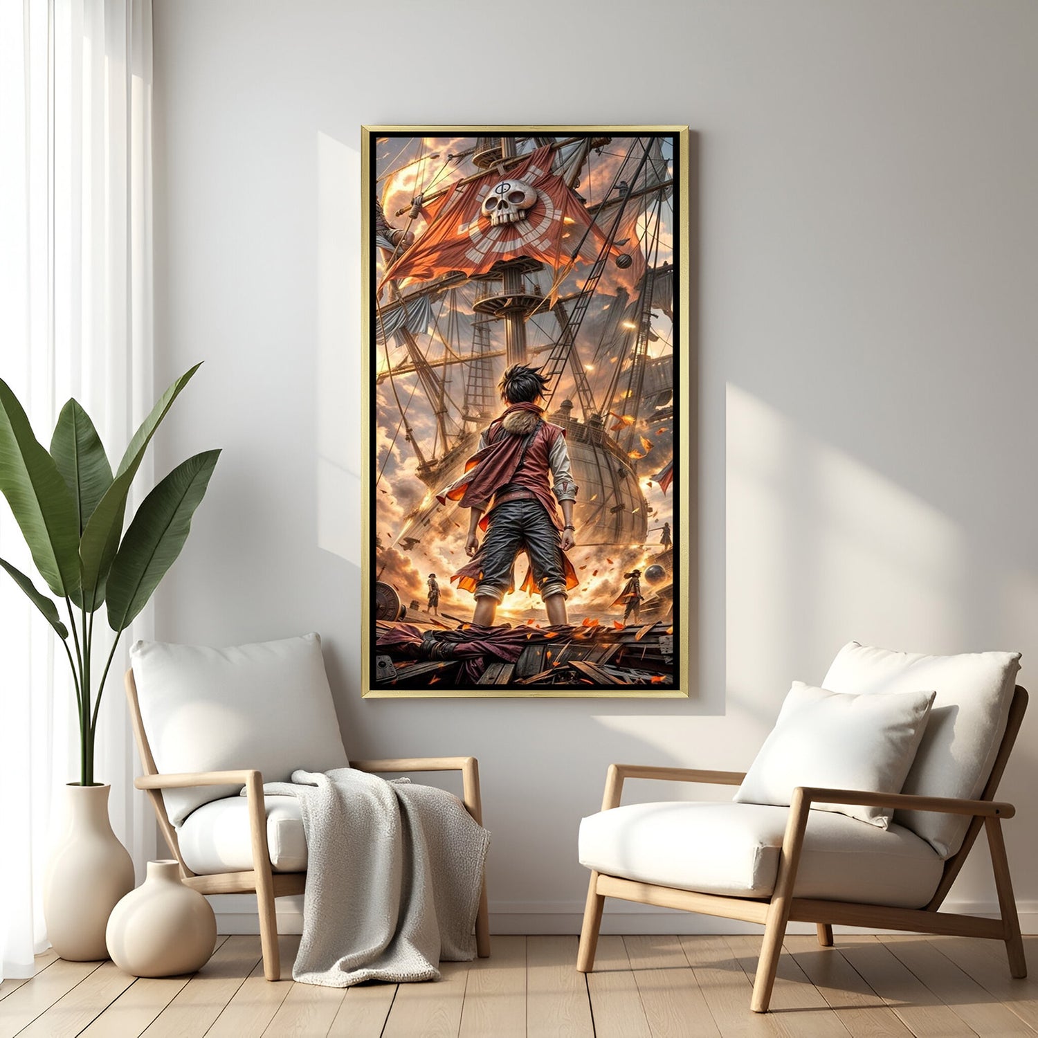Monkey D. L.uffy One Piece wall art in luxury golden floater frame with pirate ship anime design