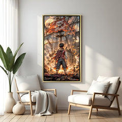Monkey D. L.uffy One Piece wall art in luxury golden floater frame with pirate ship anime design