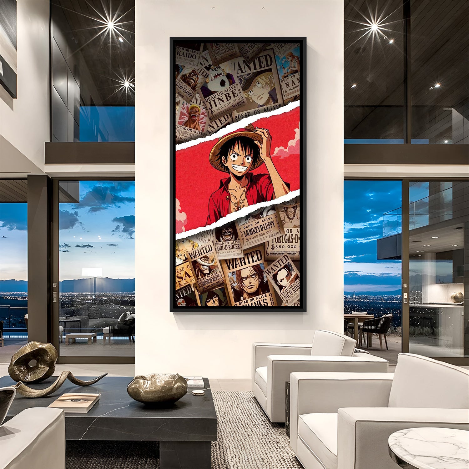 Monkey D. Luffy Smiling Straw Hat anime canvas artwork in premium black floater frame