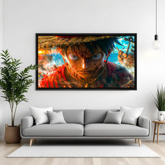 Monkey D. Luffy Straw Hat Close-Up anime canvas artwork in premium black floater frame