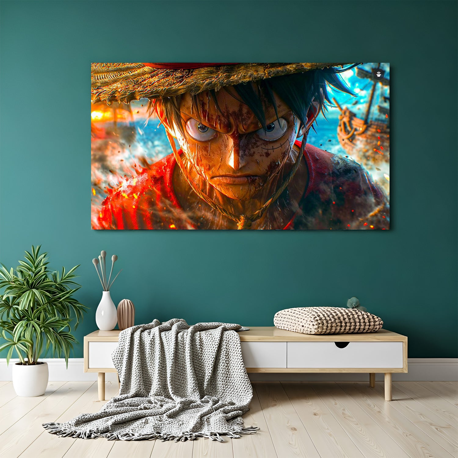 Monkey D. Luffy Straw Hat Close-Up canvas painting with intense anime artwork in canvas wrapped frame