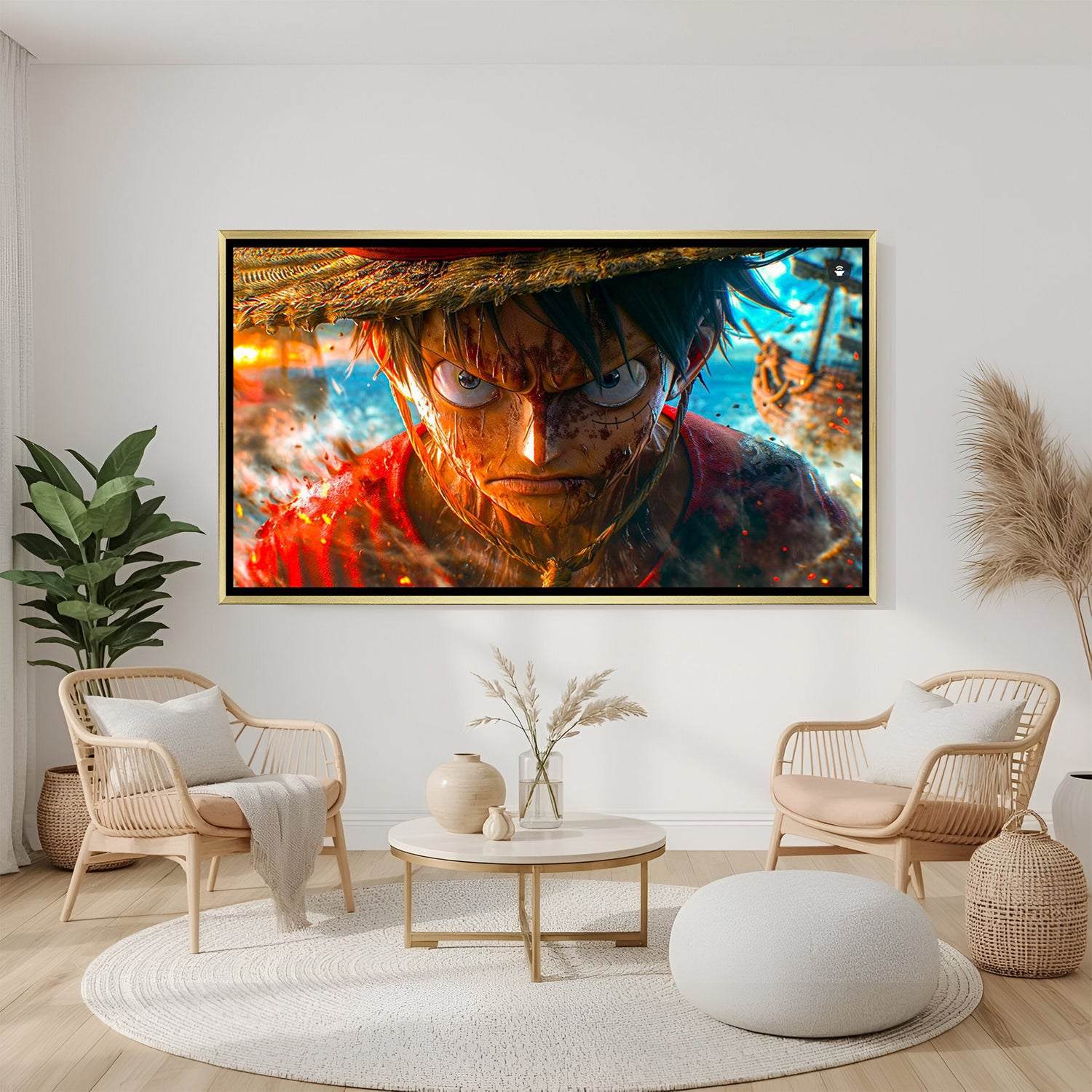 Monkey D. Luffy One Piece wall art in luxury golden floater frame with anime close-up design