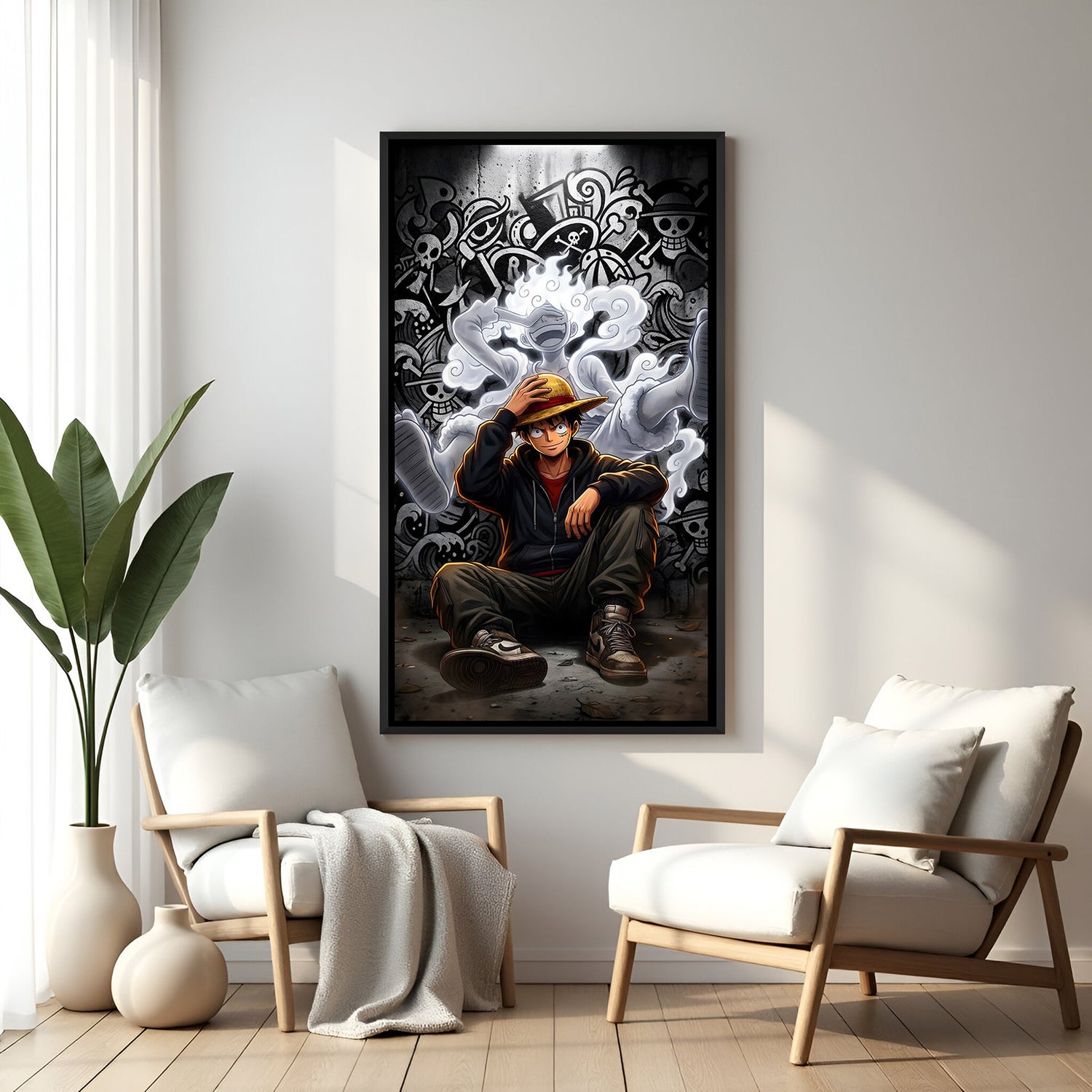 Monkey D. Luffy Sun God Nika anime canvas artwork in premium black floater frame