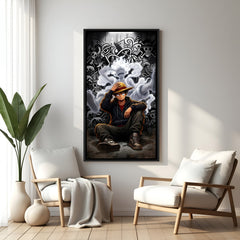 Monkey D. Luffy Sun God Nika anime canvas artwork in premium black floater frame