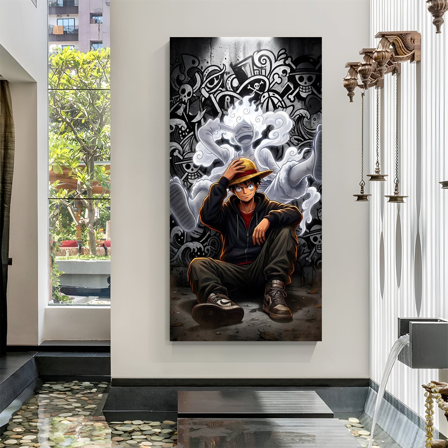 Monkey D. Luffy Sun God Nika canvas painting with Gear 5 anime artwork in canvas wrapped frame