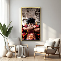 Monkey D. Luffy One Piece wall art in luxury golden floater frame with wanted pirate anime design