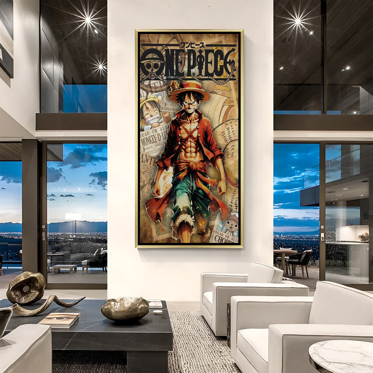 Monkey D. Luffy One Piece wall art in luxury golden floater frame with wanted poster anime design