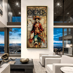 Monkey D. Luffy One Piece wall art in luxury golden floater frame with wanted poster anime design