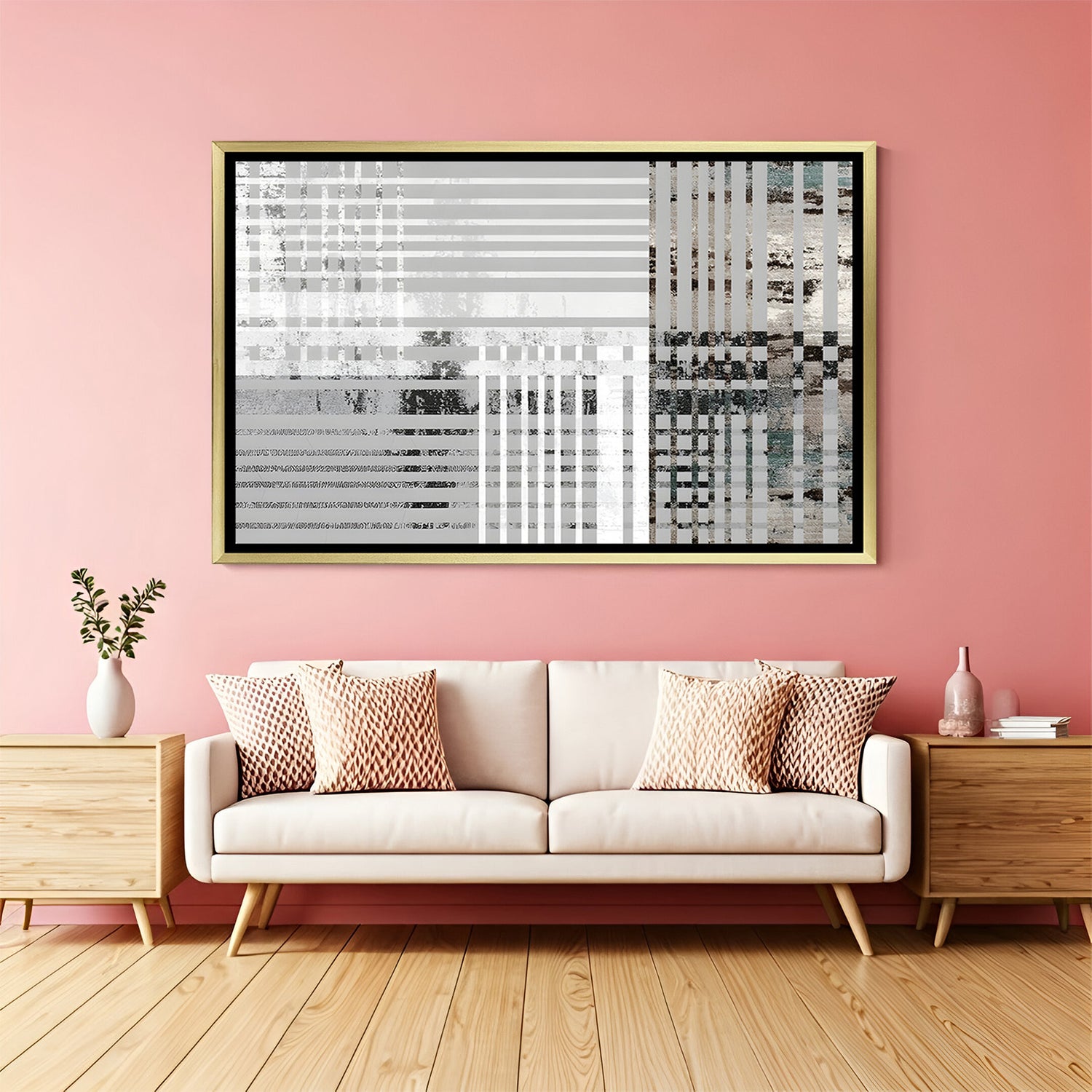 Elegant monochrome geometric abstract wall art with golden frame for contemporary decor