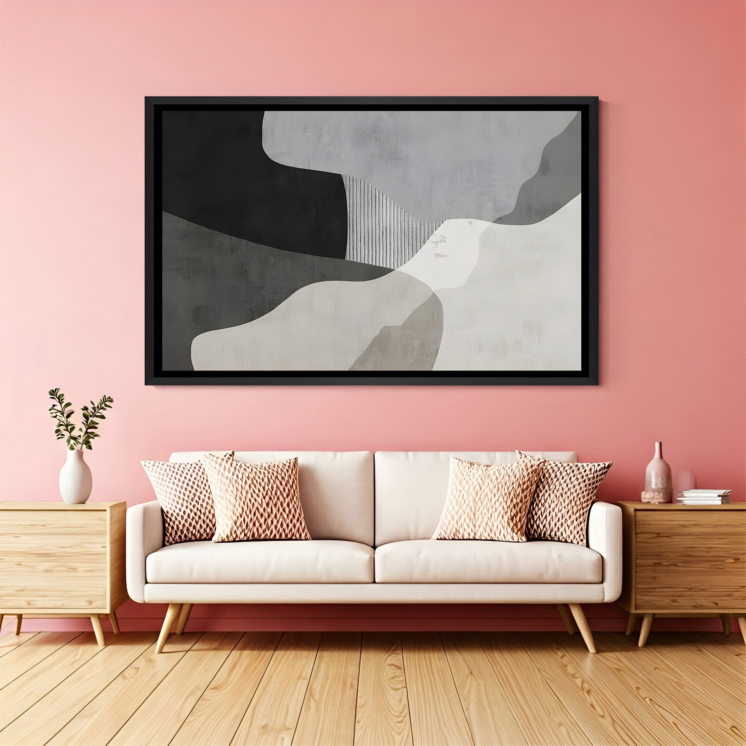 Minimal monochrome abstract painting with organic shapes in black frame for modern interiors
