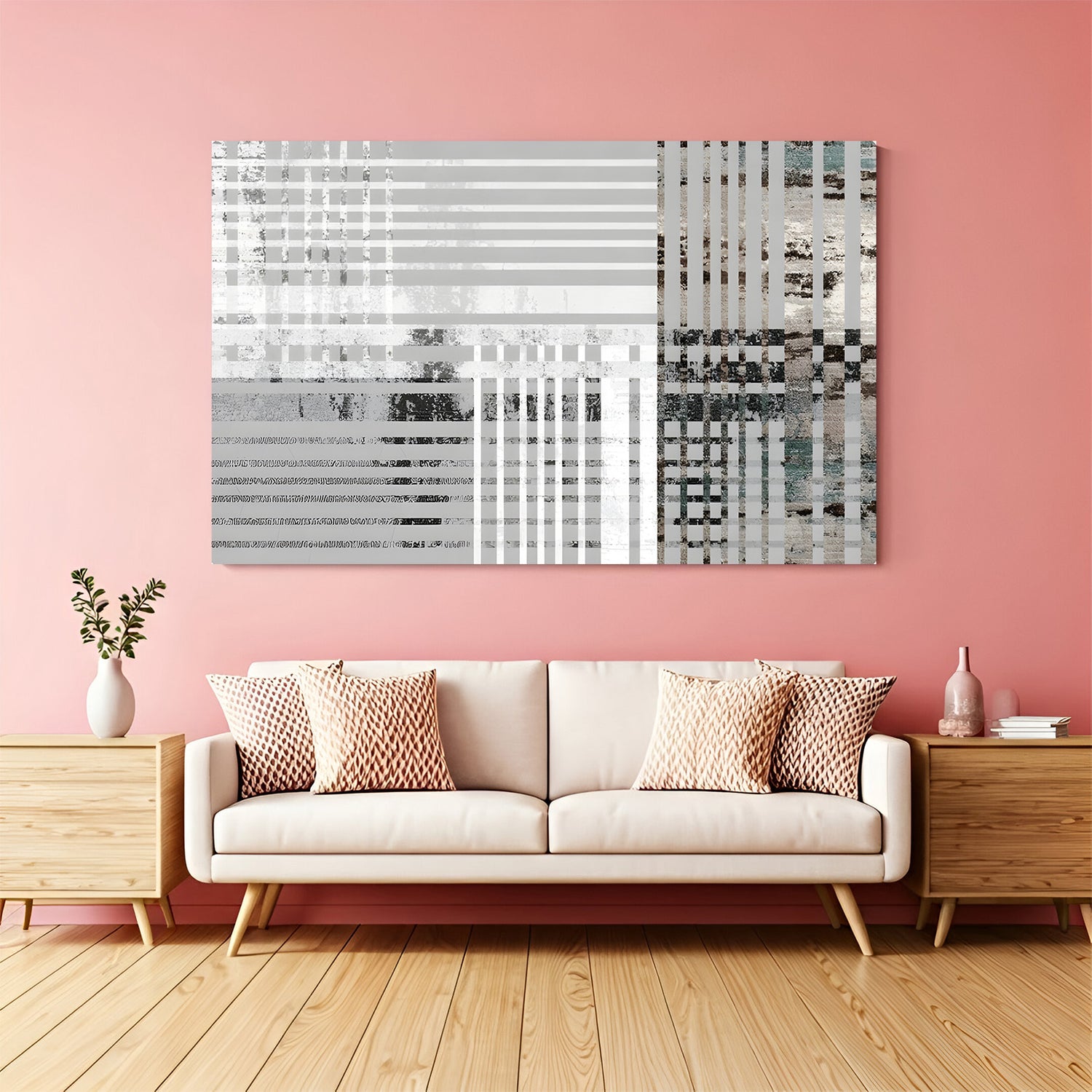 Monochrome geometric grid canvas wall art with abstract lines and textures in modern living room