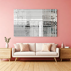 Monochrome geometric grid canvas wall art with abstract lines and textures in modern living room
