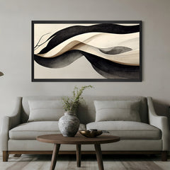 Black floater frame abstract wave art in grey and black shades, elegant monochrome canvas print