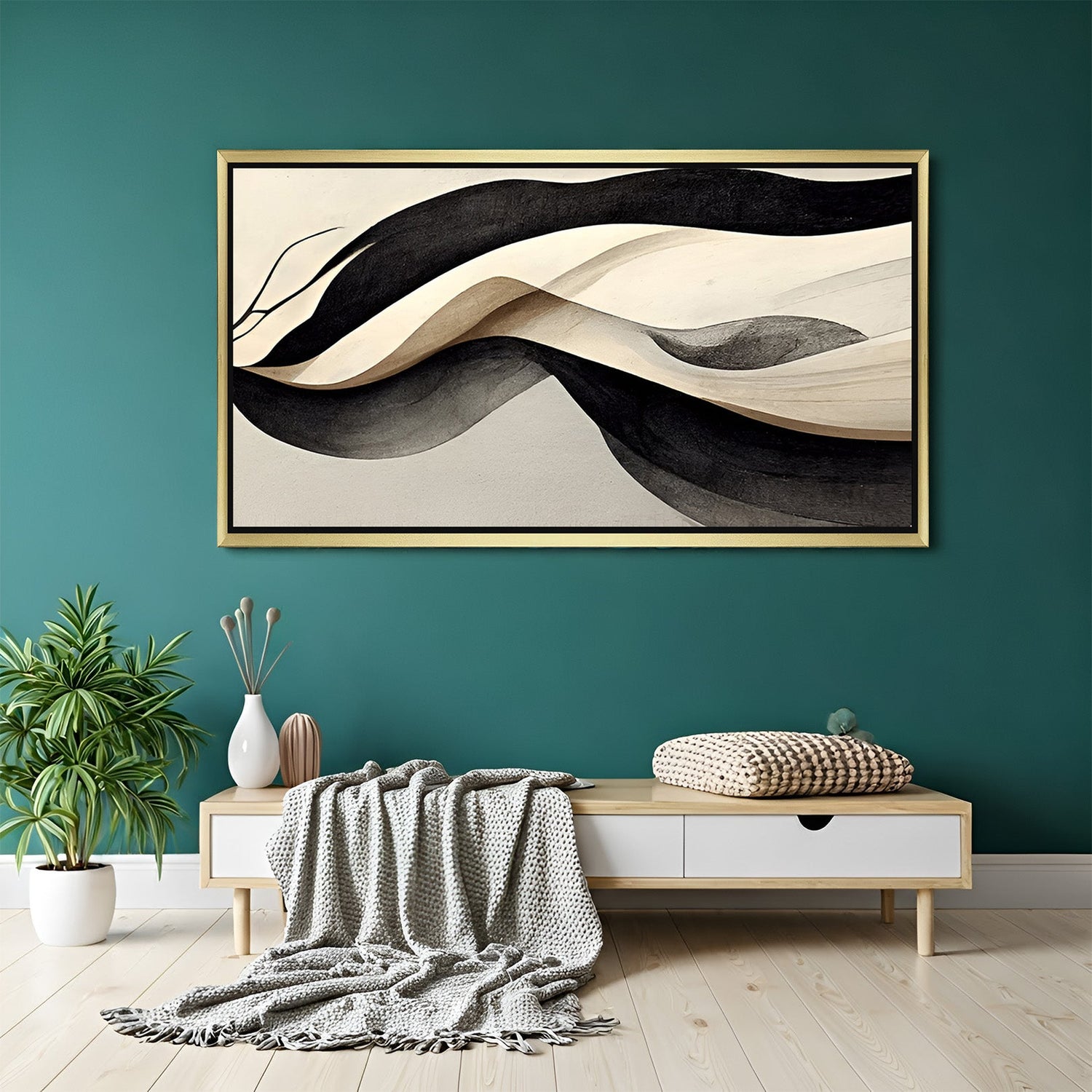 Golden framed monochrome wave abstract canvas art with grey textures for minimalist decor