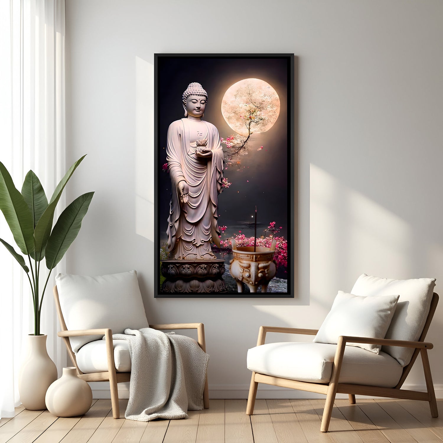 Moonlight Buddha Blossom spiritual canvas artwork in premium black floater frame