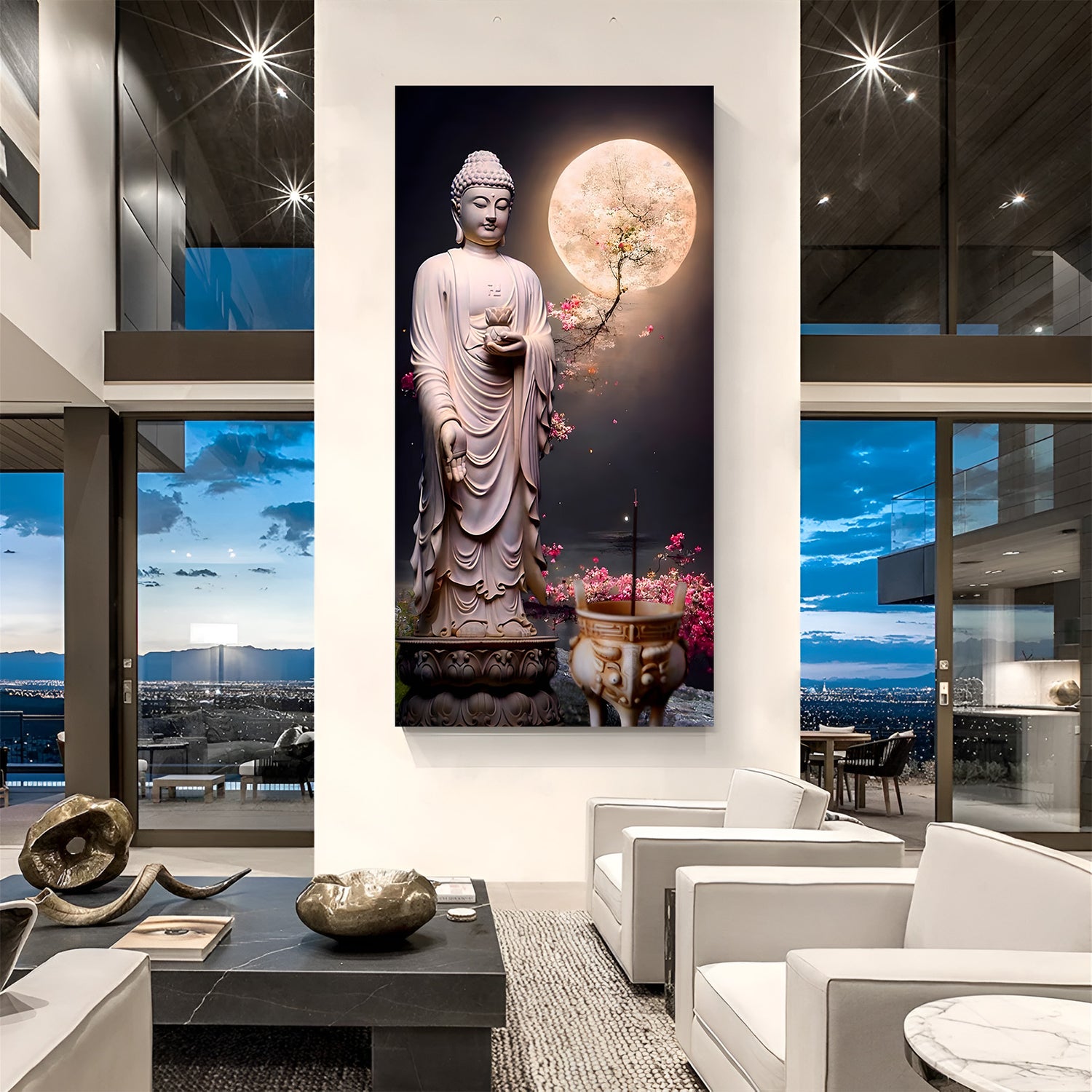 Moonlight Buddha Blossom canvas painting with calm spiritual artwork in canvas wrapped frame