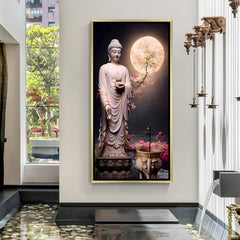 Moonlight Buddha wall art in luxury golden floater frame with blossom meditation design