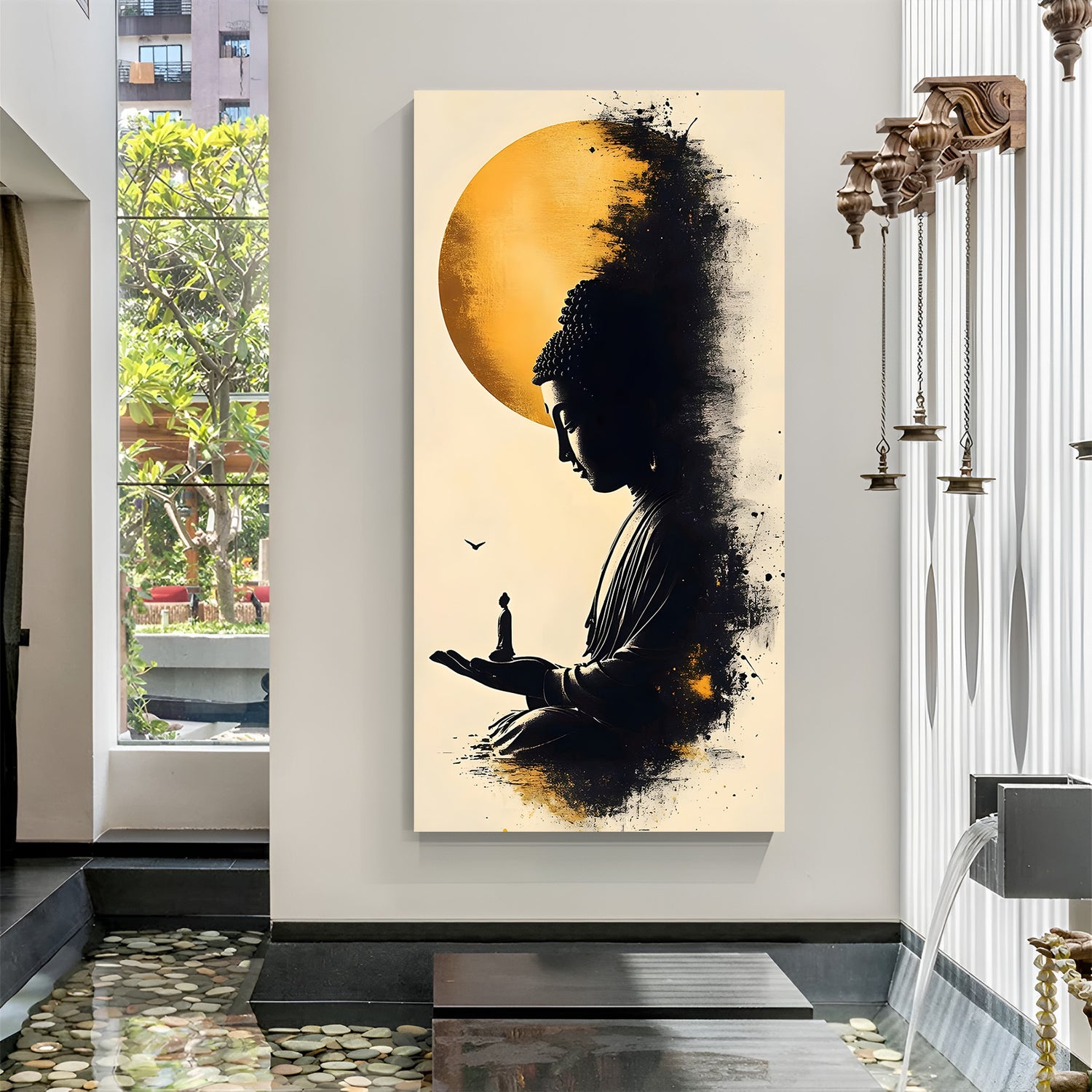 Moonlit Buddha Silhouette canvas painting with spiritual meditation artwork in canvas wrapped frame