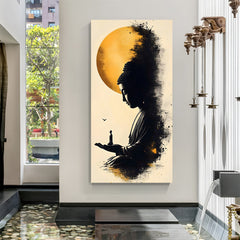 Moonlit Buddha Silhouette canvas painting with spiritual meditation artwork in canvas wrapped frame