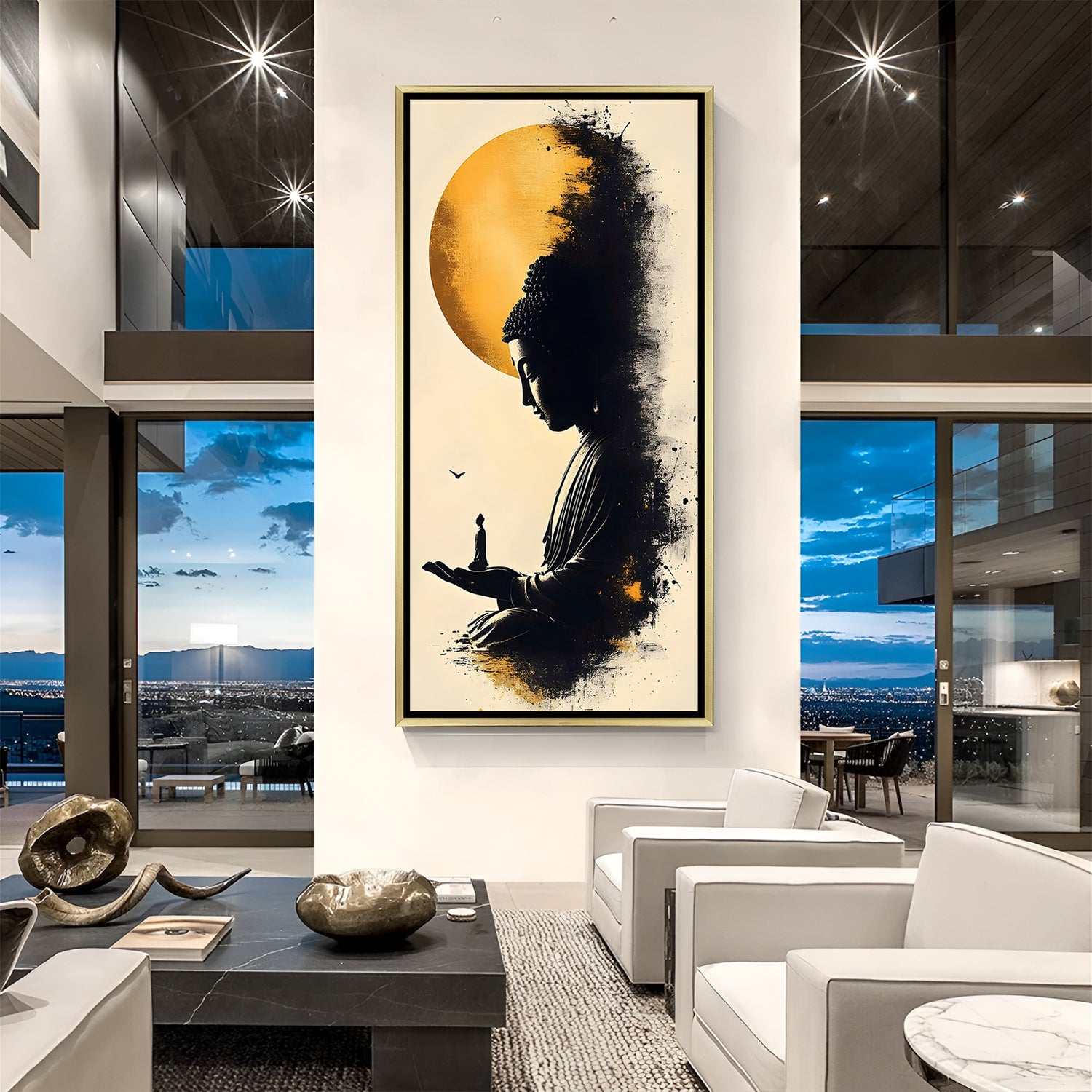 Moonlit Buddha wall art in luxury golden floater frame with moon meditation design