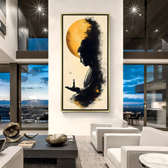 Moonlit Buddha wall art in luxury golden floater frame with moon meditation design