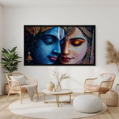 Elegant Radha Krishna spiritual artwork in sophisticated black floater frame