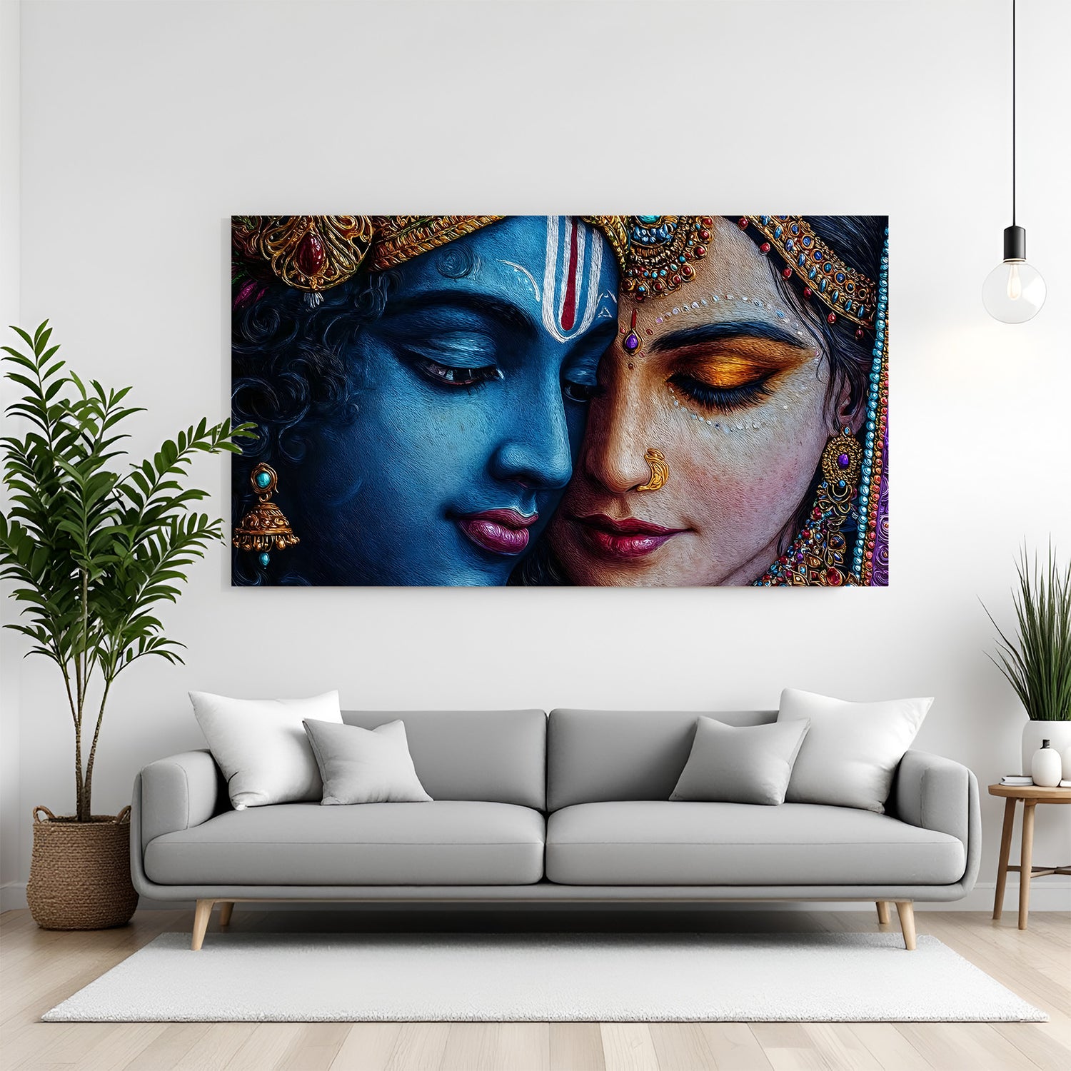 Radha Krishna devotional wall art depicting divine love in premium canvas wrapped frame