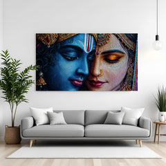 Radha Krishna devotional wall art depicting divine love in premium canvas wrapped frame